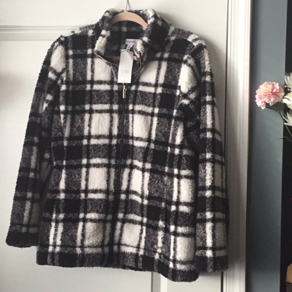 CALVIN KLEIN black/white plaid fleece jacket L New